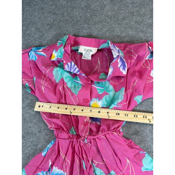 VINTAGE 80s LA Chic Mini Shirt Dress Girls Size 14 Pink Floral Belted Tropical - Picture 2 of 4